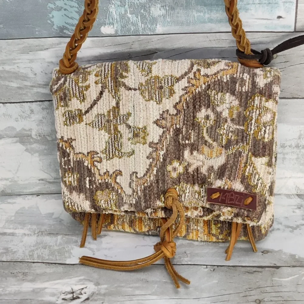 Small boho Crossbody Vintage Fold Over Bag Damask Fabric Braided Leather Strap